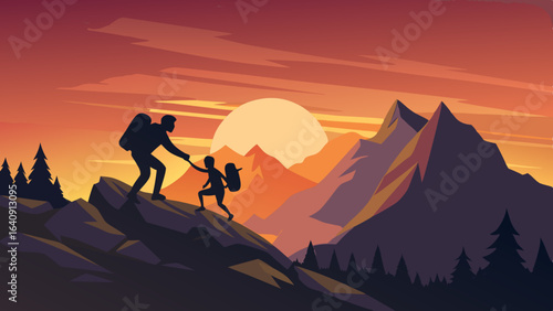 silhouette of hikers one man is giving helping hand