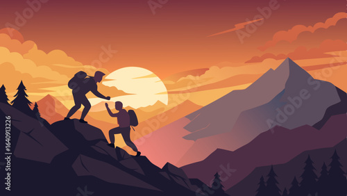 silhouette of hikers one man is giving helping hand