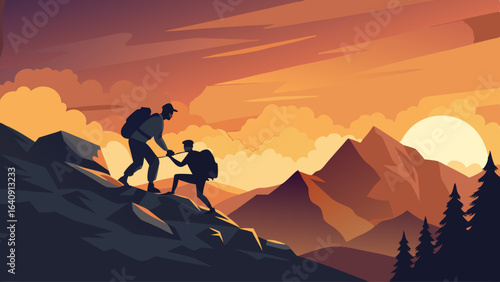 silhouette of hikers one man is giving helping hand