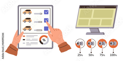 Hands selecting cars on a tablet, accompanied by a pie chart, computer monitor, and volume indicators. Ideal for automotive data, online shopping, analytics, multitasking, technology interfaces