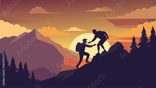 silhouette of hikers one man is giving helping hand