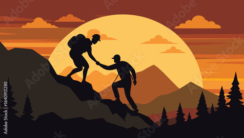 silhouette of hikers one man is giving helping hand