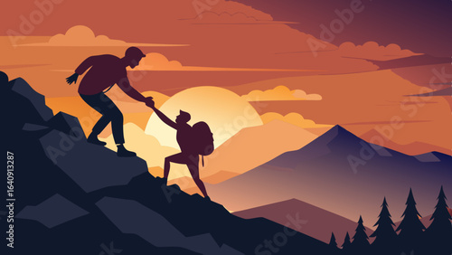 silhouette of hikers one man is giving helping hand