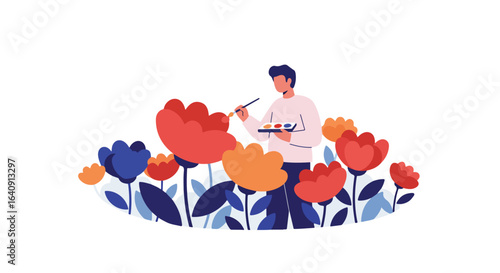 A person paints flowers with hues of red, blue and orange color on a white backdrop