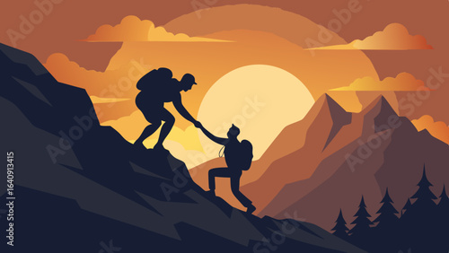 silhouette of hikers one man is giving helping hand