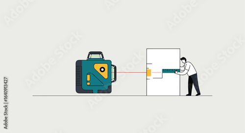 Using a laser level to measure. Man holds ruler. Accurate, precise, and professional