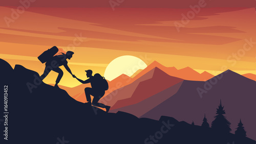 silhouette of hikers one man is giving helping hand
