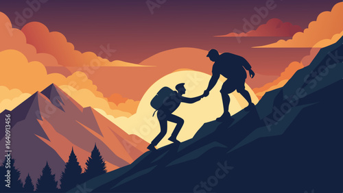 silhouette of hikers one man is giving helping hand