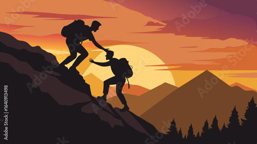 silhouette of hikers one man is giving helping hand