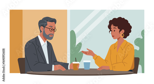 Meeting over coffee between two professionals in a bright and friendly cafe scene