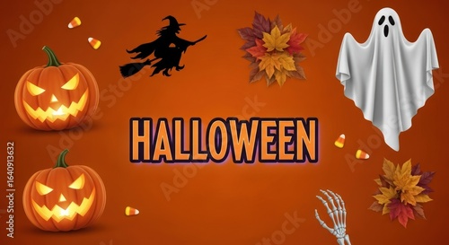 Halloween Scene with Pumpkins, Ghost, Witch