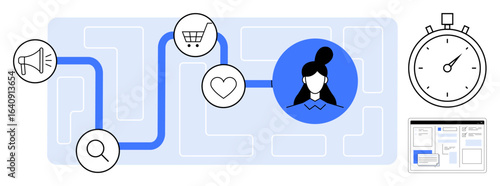 User profile connected to icons for marketing, shopping cart, heart, magnifying glass, stopwatch, interface. Ideal for marketing, strategy, analytics process engagement usability simple flat