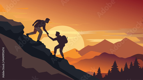 silhouette of hikers one man is giving helping hand