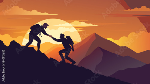 silhouette of hikers one man is giving helping hand