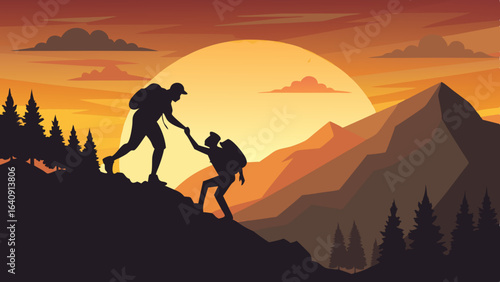 silhouette of hikers one man is giving helping hand