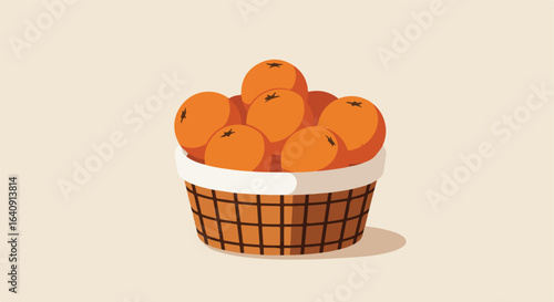 Basket of oranges. Cartoon basket filled with seven round, orange fruits with small points