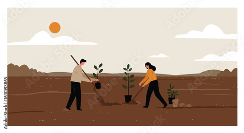 People planting trees in a field under a sunny sky, simple vector illustration