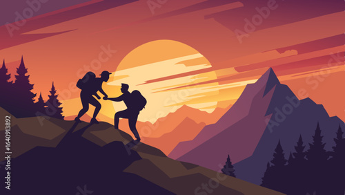 silhouette of hikers one man is giving helping hand