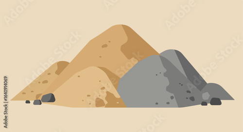 Sand & Rocks Simplified design featuring piles of sand & grey stone on light background