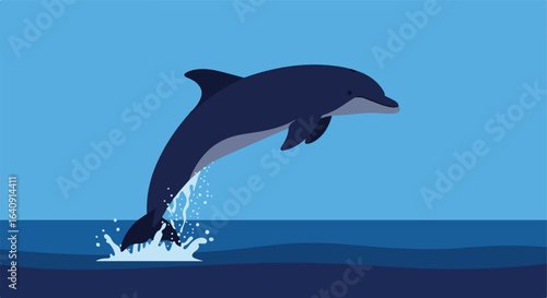 Dolphin leaps from water. Blue shades create a simple yet dynamic scene