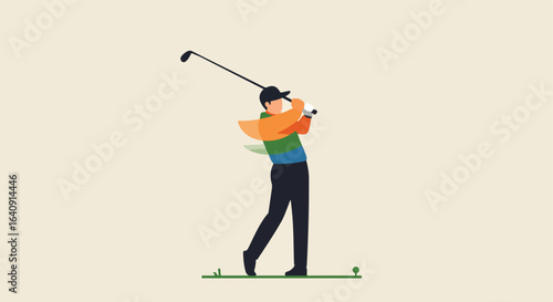 Isolated man swinging golf club with graphic motion trails in a simple, minimal style