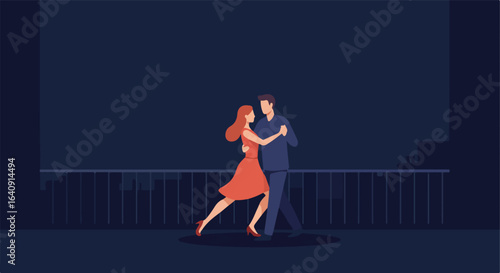 Couple dancing tango at night with buildings silhouetted in the background on a balcony