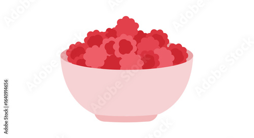 Bowl of Raspberries A pale pink bowl filled with vibrant, red raspberries on a white background