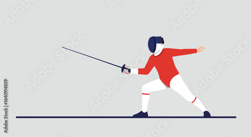 Fencer in action, red jacket, ready to strike, standing on a line, masked athlete