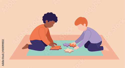 Children fit puzzle pieces together on a blue rug over a pink floor background
