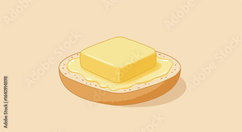 Toasted bagel, spread with butter, sitting on a soft tan background