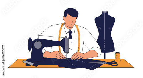 Fashion designer using sewing machine and mannequin