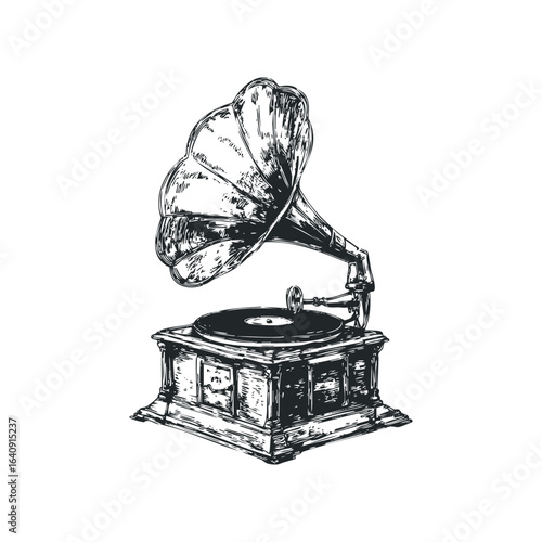 Vintage Gramophone with Horn and Record on Turntable
