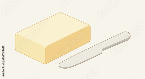 Isometric brick of fat, next to a metal spreader. Beige background