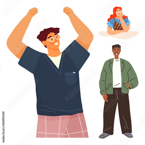 Three distinct characters showcasing confidence, contemplation, and individuality through varied poses. Ideal for diversity, confidence, expression, personality, creativity, communication teamwork