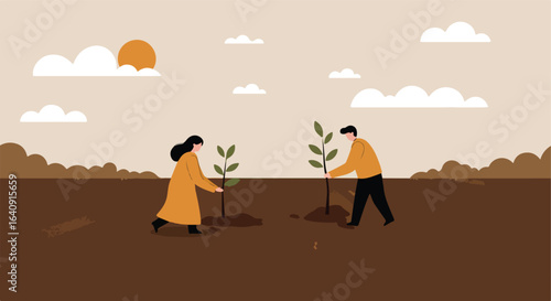 Earth stewards planting trees on a sunny day, cultivating the earth
