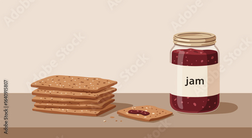 Jarred fruit spread with a stack of crispbreads and a single biscuit near the jar