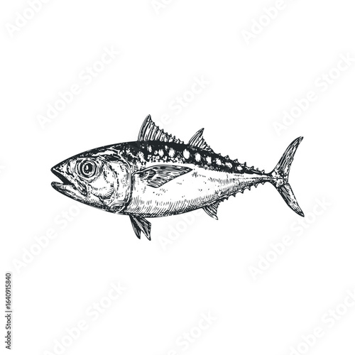 Detailed sketch of a mackerel fish swimming horizontally