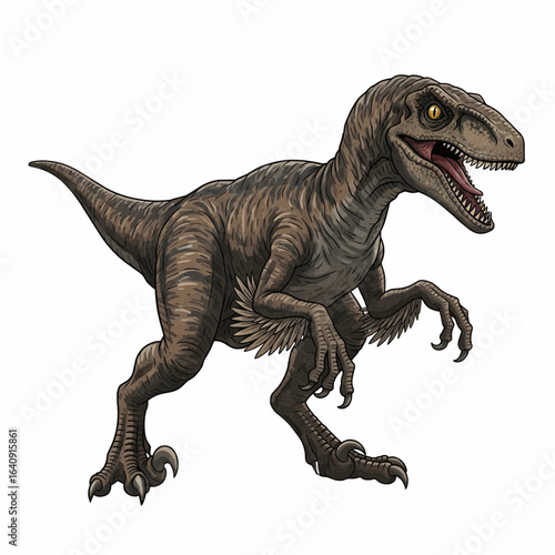 Illustration of a velociraptor dinosaur running with sharp claws and feathers, known as a fast and intelligent predator.