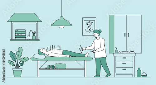 Acupuncturist treating a patient in a room with a soft color scheme, calm atmosphere