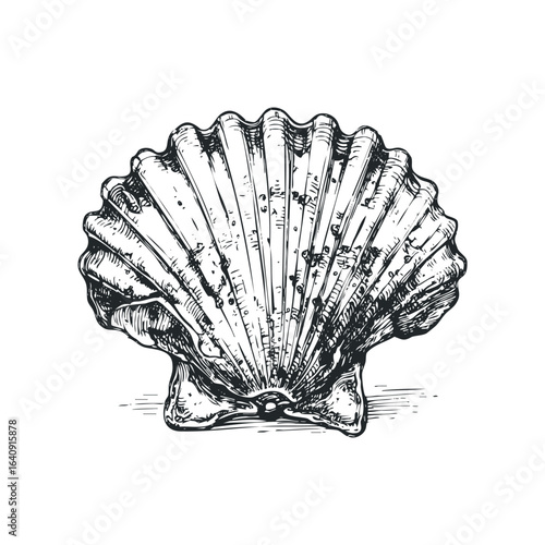 Detailed ink sketch of a solitary scallop seashell on a white background