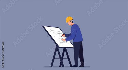 Drafting design Worker at blueprint. Yellow hardhat and professional clothes