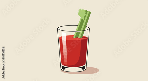Red juice with celery in a clear glass, shadow on off-white background, flat graphic