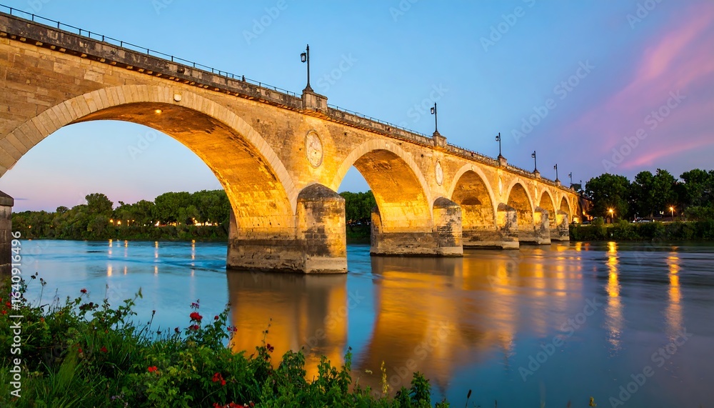 Naklejka premium Stone arch bridge over a calm river at twilight.