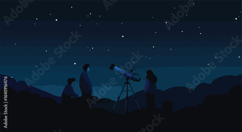 People gaze with a telescope into the night sky, filled with stars above hills