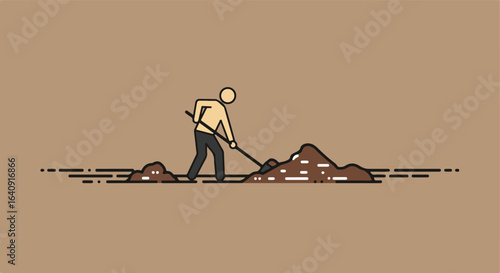 Person working the land. Dark soil is seen being moved with a shovel on light-brown background