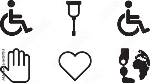 Accessibility Icons Wheelchair Crutch Hand Heart Globe Outline Style Vector Illustration