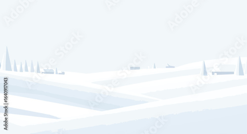 Serene, winter-covered landscape with minimalist trees and distant buildings