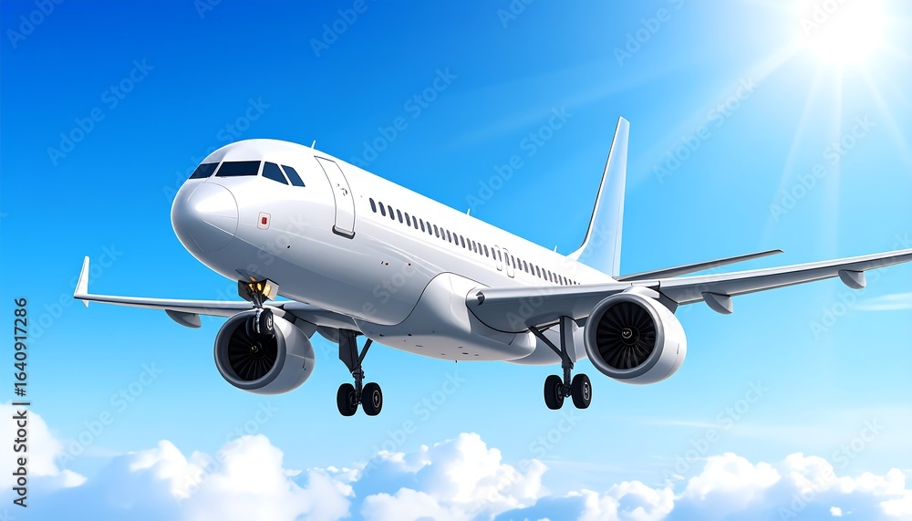 White airplane in flight against a clear sky. White airplane in flight against a clear sky.