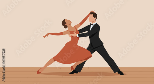 Tango Couple, dancing elegantly together, ballroom attire, wood floor, graceful pose