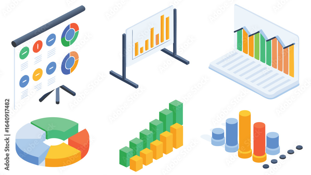 Fototapeta premium Isometric representation of various charts and graphs showing data analysis and presentation tools